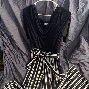 XL black & white flare pant suit jumpsuit striped sleeve stretchy comfy light
